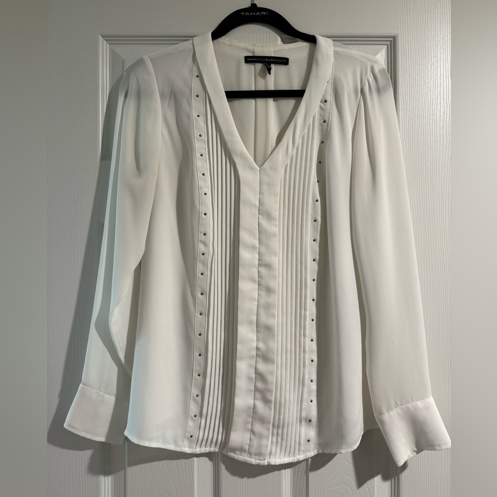 White Pleated Front Blouse with Metal Bead Detail - Size 6 - WHBM